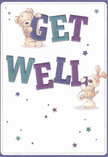 Brimming with gentle energy, this playful get well card conjures a sense of cheerfulness, almost as if two cherished childhood friends are springing right from a sunny spot in Temple Gardens. The soft, welcoming bear, plush and golden, clasps the bold 'GET' with outstretched paws, while a big-eyed, floppy-eared puppy joyously balances beneath the 'WELL,' both figures seeming almost ready to tumble into a comforting hug. The confident, rounded letters-deep indigo and lively teal-pop against a creamy background, catching the eye like fresh violets along the Embankment. Sprinkled around them, a constellation of stars in blue and purple hues twinkle with hope, filling the scene with a whimsical light that uplifts the spirit. Each stroke in their illustrated fur beckons with an almost palpable softness, making one imagine the warmth of a freshly wrapped bouquet from Temple Florist. This card doesn't just send a message; it weaves together comfort, sincerity, and optimism, perfect for carrying genuine encouragement to someone recovering nearby. In every element-from colour to composition-it is a gentle reminder of the healing touch present in the Temple community itself.